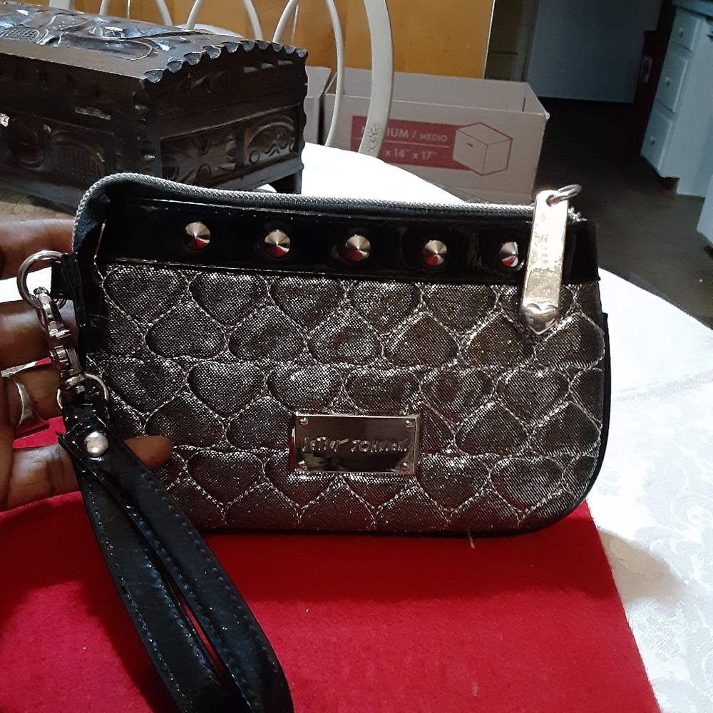 Betsey Johnson silver and black wristlet